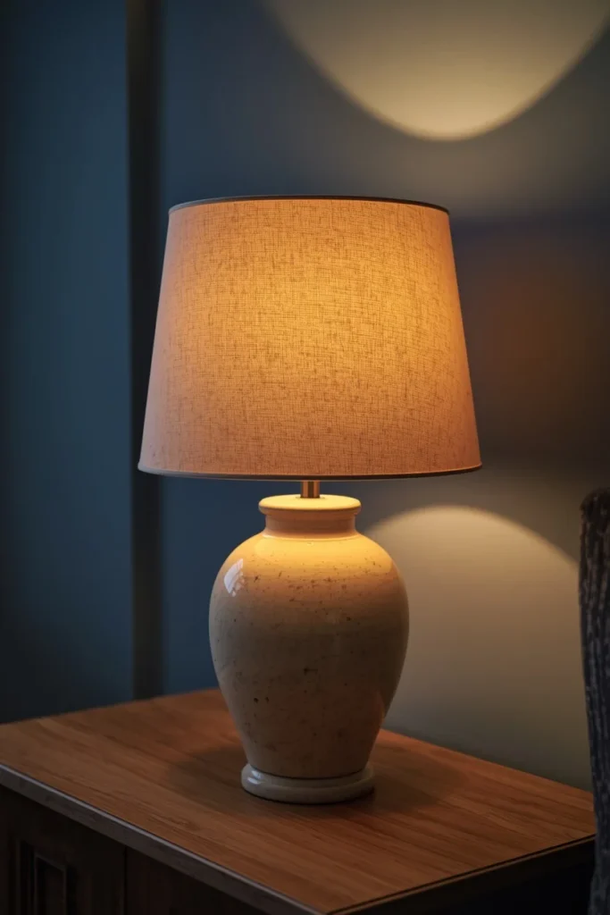  side table detail, featuring a ceramic table lamp with a warm cream fabric shade casting golden light