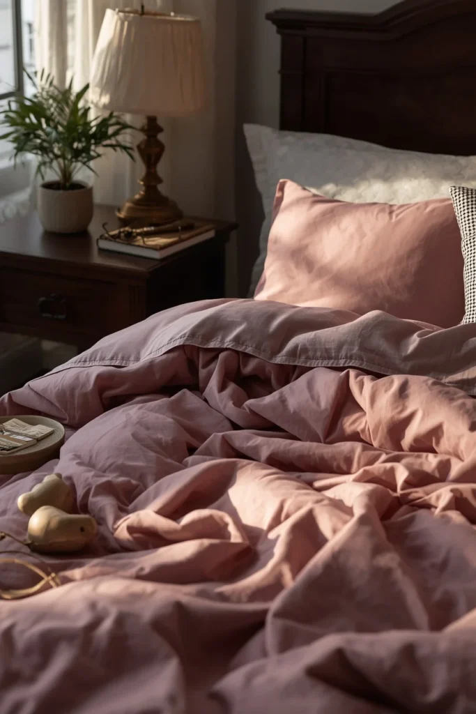 24 Cozy Bedroom Ideas That Make You Never Want to Leave Your Bed 14 bedroom close-up, featuring dusty rose and lavender bedding