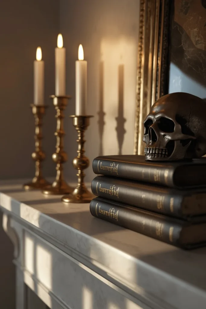  mantel shelf, featuring grouped brass candle holders at varying heights,