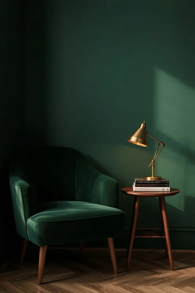 reading nook, featuring a dark green velvet armchair beside a small wooden side table 