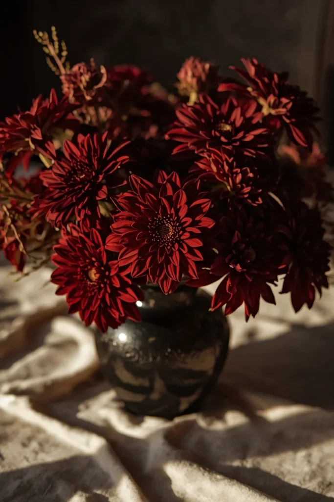 21 Fall Centerpiece Ideas That Take Minutes to Put Together (Easy + Budget-Friendly) 14 floral centerpiece, featuring burgundy mums and chocolate cosmos loosely arranged in a dark ceramic vase,