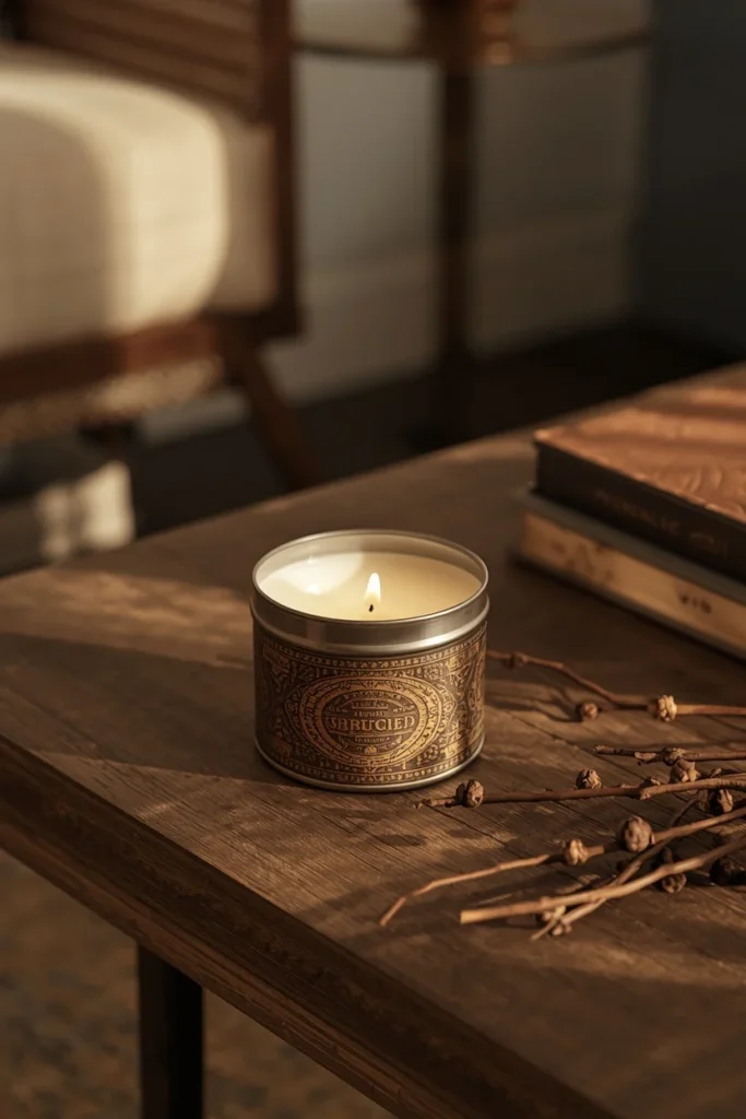 20 Fall Coffee Table Decor Ideas to Steal This Season 14 living room, featuring a spiced candle in a vintage metal tin