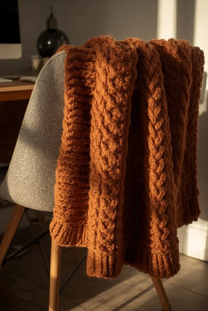 desk decor, featuring a chunky knit rust-colored throw blanket 