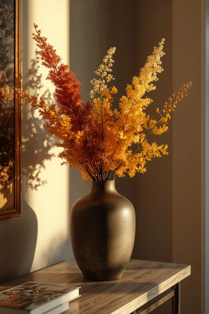 16 Fall Entry Table Decor Ideas That Wow Guests Instantly-Cozy Autumn Entryway Styling 14 entryway console table, featuring an ombré floral arrangement transitioning from mustard yellow