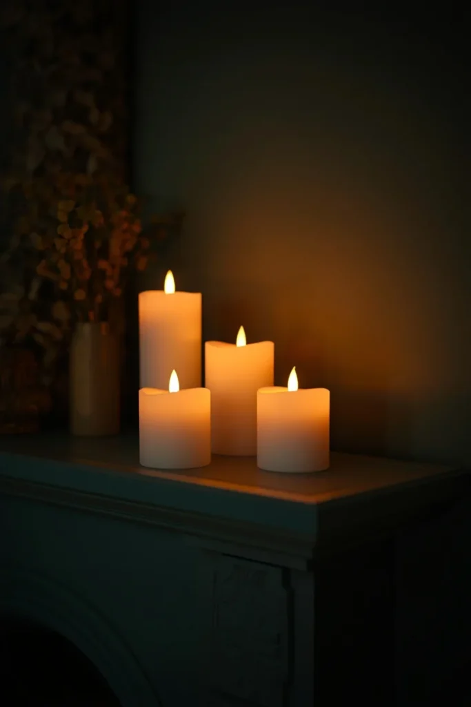  fireplace mantel at dusk, featuring a cluster of five flameless LED candles