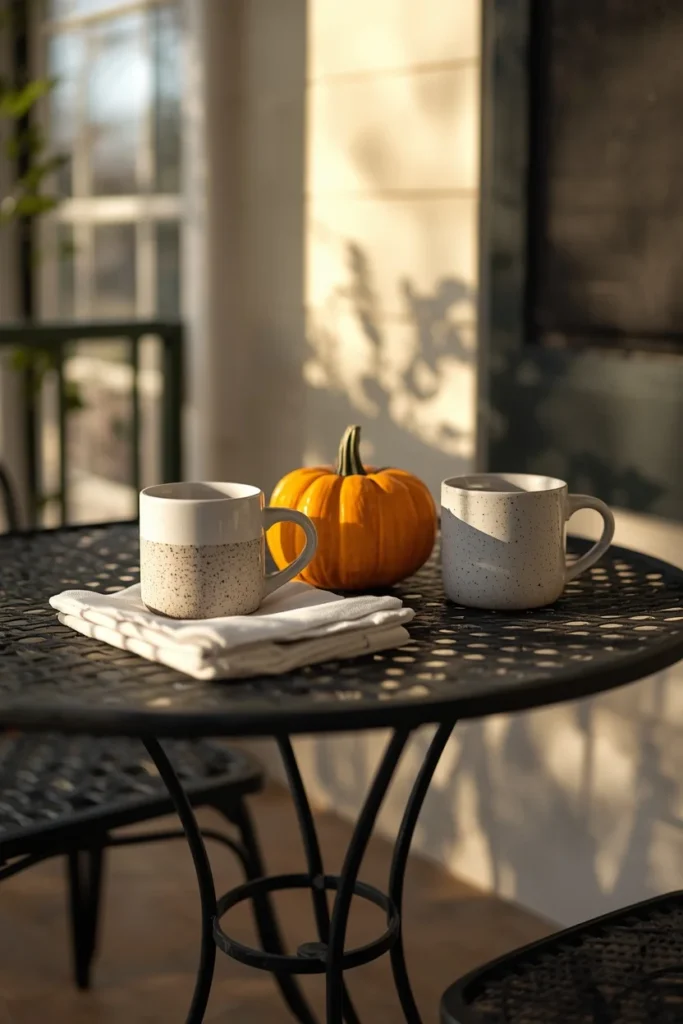  small front porch bistro table, featuring a mini pumpkin centerpiece