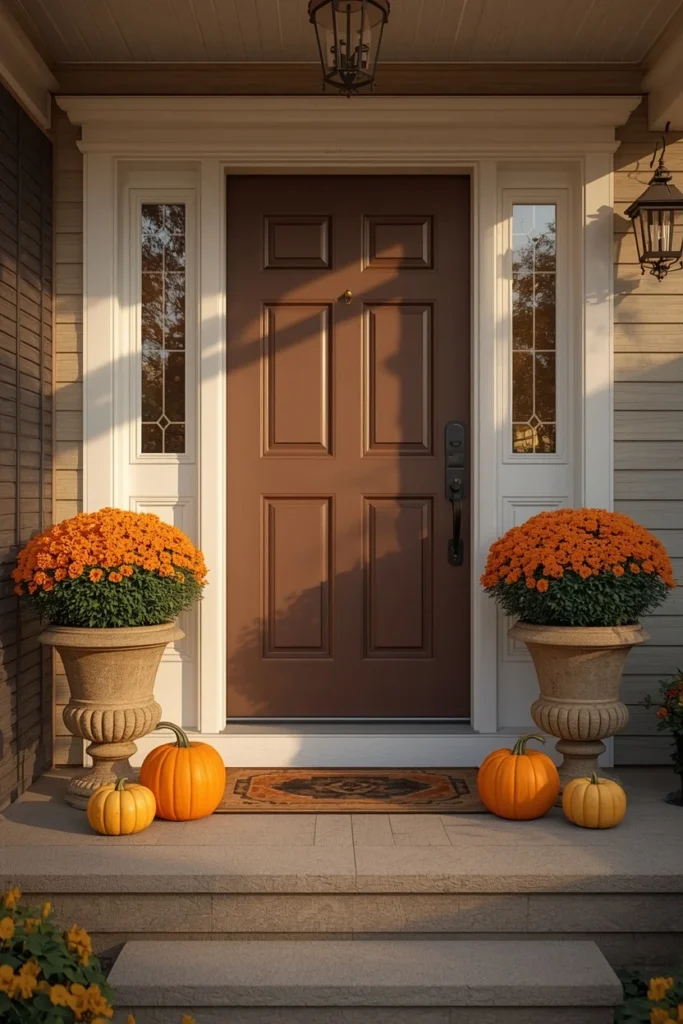 19 Fall Planter Ideas That Bring Instant Curb Appeal 14 front porch, featuring two matching planters of orange mums flanking the front door with pumpkins