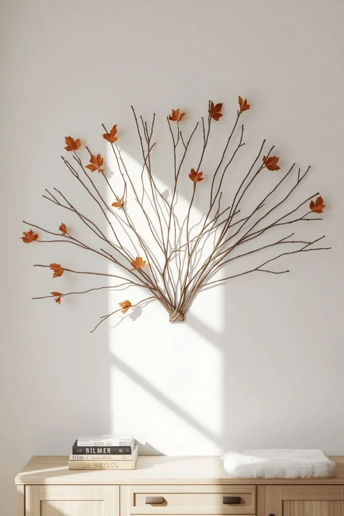 18 Fall Tree Ideas to Decorate Your Home Like a Magazine 14 apartment living room wall, featuring a fan-shaped arrangement of bare branches