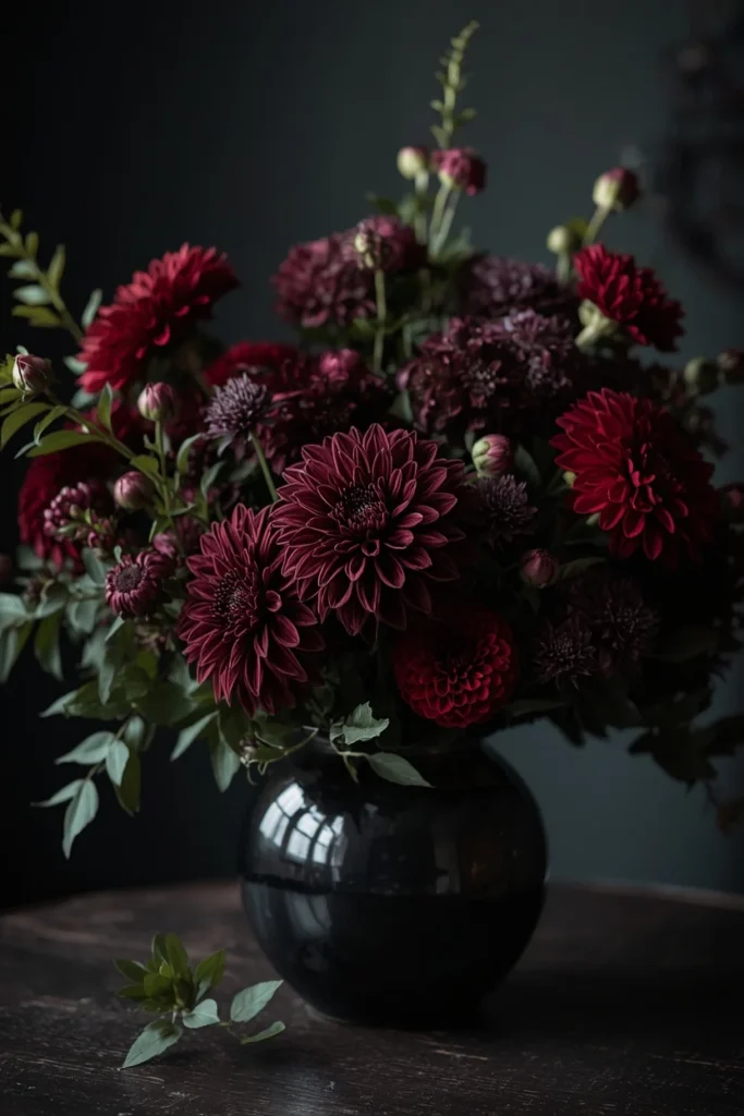 floral centerpiece, featuring deep burgundy dahlias and plum ranunculus