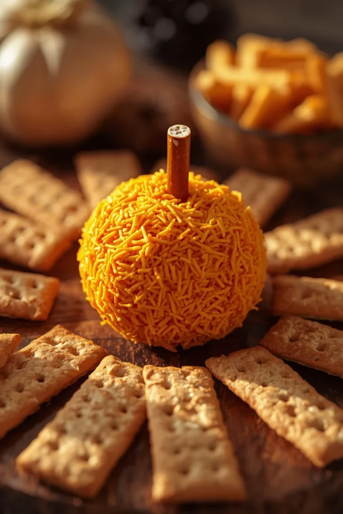  charcuterie board detail, featuring a pumpkin-shaped cheese ball coated in shredded orange cheddar