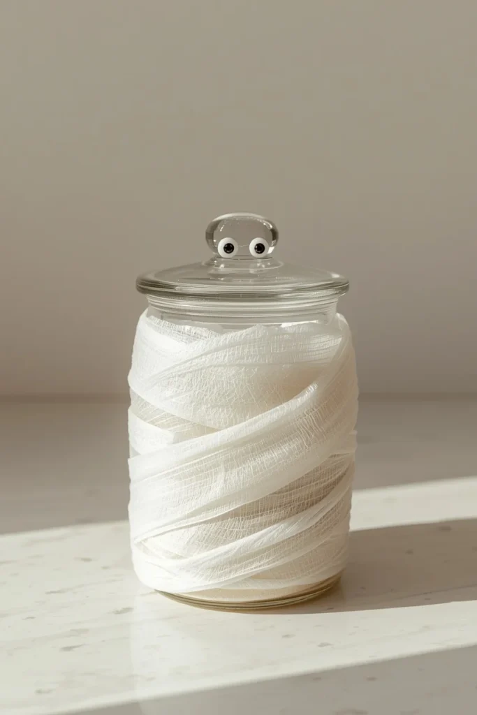  countertop detail shot, featuring a glass sugar canister wrapped in loose white gauze strips