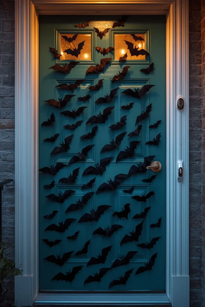  front door decorated for Halloween, featuring dozens of black paper bat silhouettes 