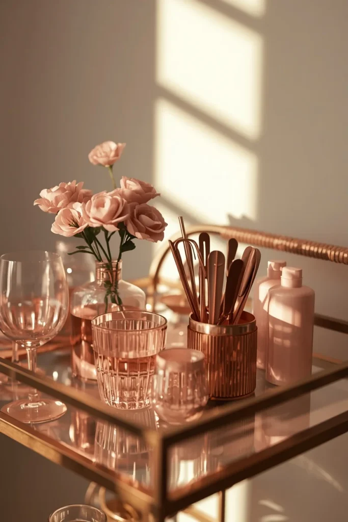 15 Pink Fall Decor Ideas for a Softer Take on Autumn 14 bar cart vignette, featuring blush pink glassware, a small vase of dusty rose flowers,