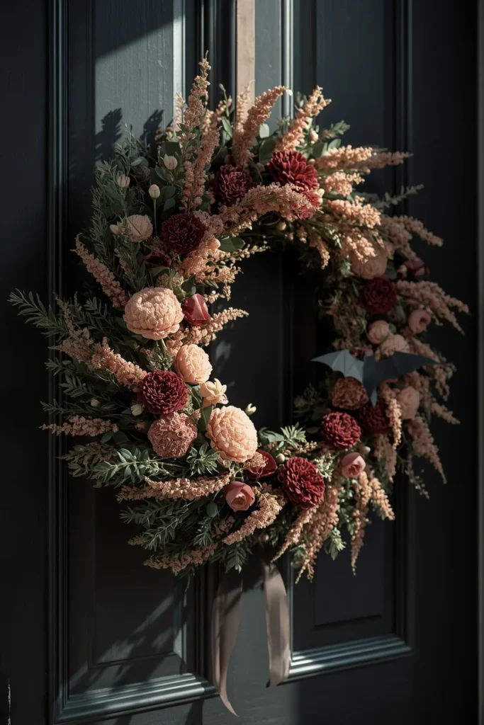  front door with dried floral wreath, featuring blush, mauve, and burgundy dried flowers