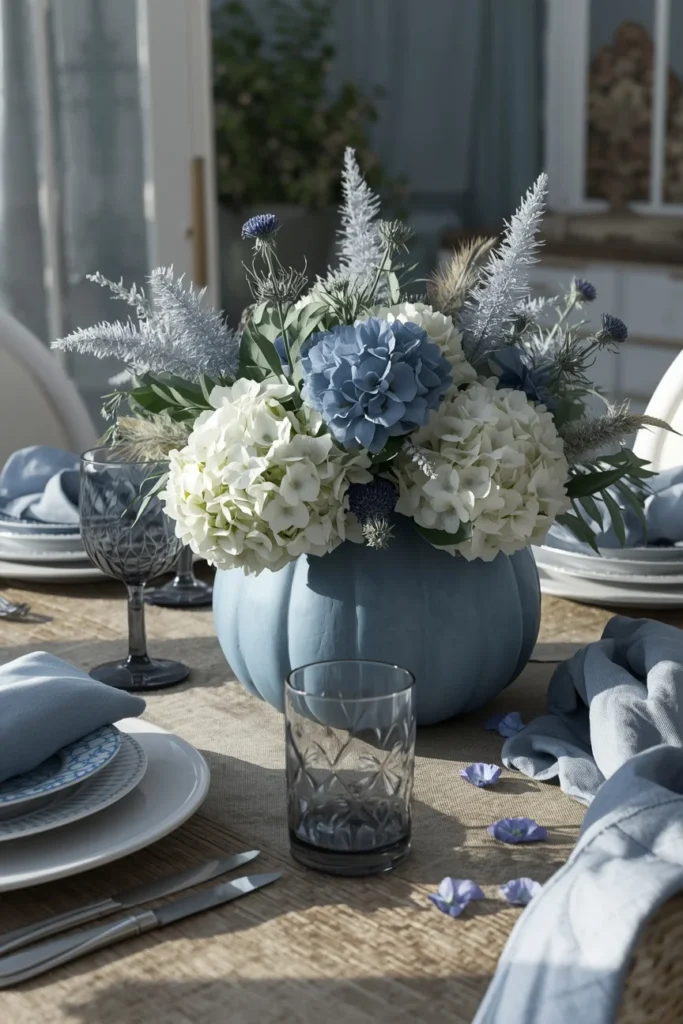 15 Pumpkin Floral Arrangement Ideas for Fall Tables That Feel Effortlessly Elegant 14 coastal dining table, featuring a blue-gray pumpkin filled with white hydrangea, blue thistle, and silver dusty miller,