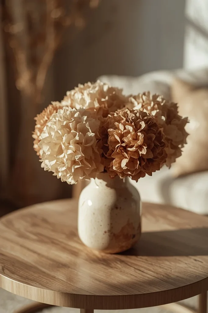  living room, featuring a short wide ceramic vase with dried hydrangea blooms