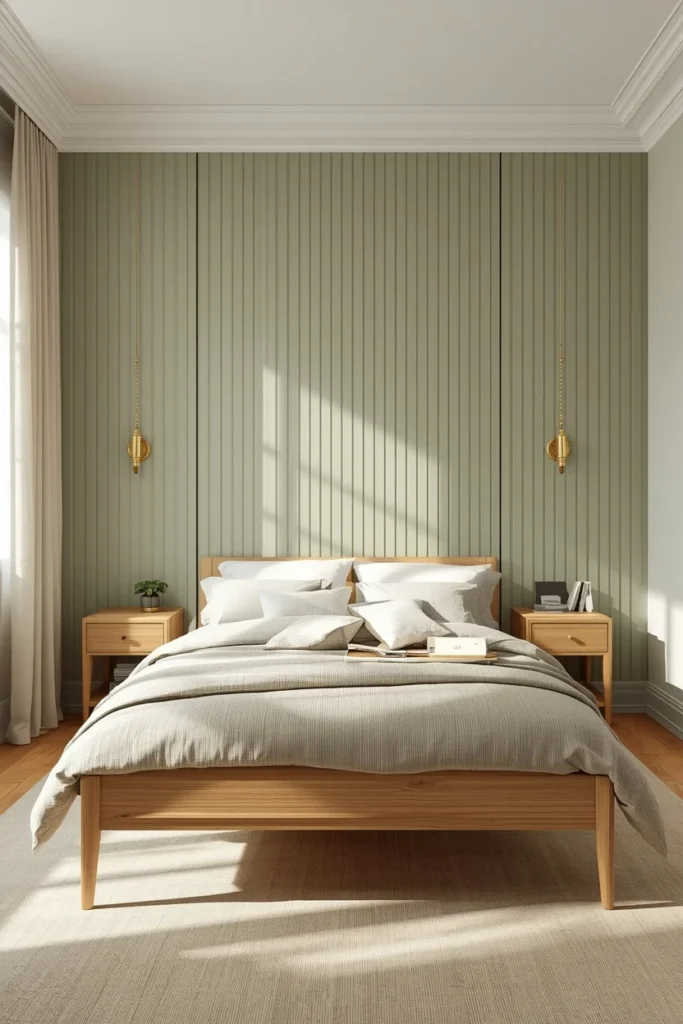  small bedroom, featuring soft sage green vertical wood paneling covering the headboard wall floor to ceiling