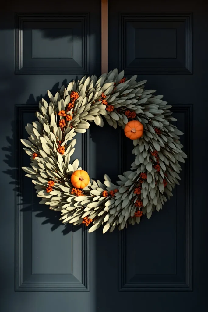 front door wreath close-up, featuring a soft dusty-green olive branch wreath 