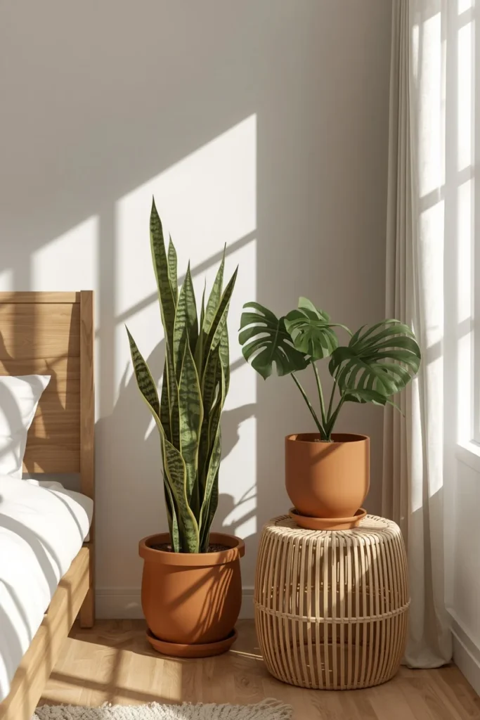 23 Afrobohemian Bedroom Ideas for Warm, Earthy, Soul-Filled Nights 15 bedroom corner, featuring a tall snake plant and a monstera deliciosa