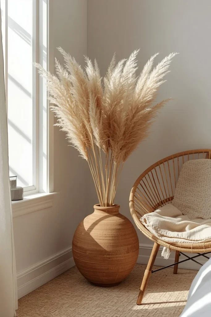  bedroom corner, featuring a tall bundle of pampas grass in a rounded clay vase beside a woven rattan chair,