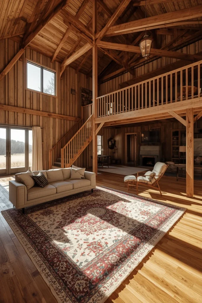  barndominium great room, featuring a diagonally angled sofa