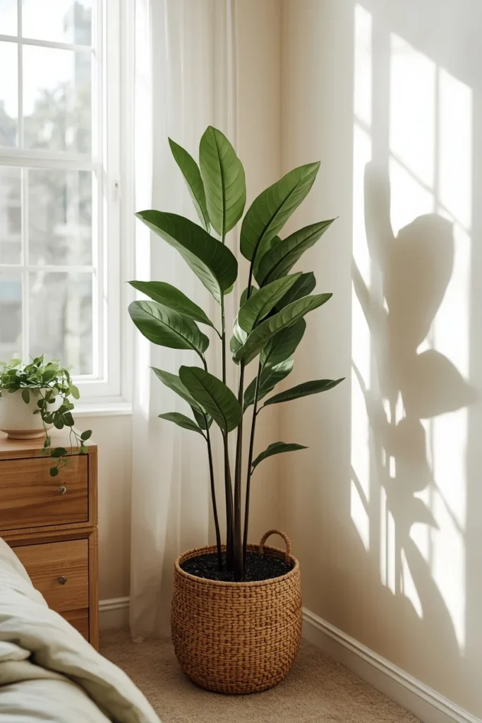 22 Beautiful Bedroom Ideas That Turn Your Room Into a Personal Sanctuary 15 bedroom corner, featuring a tall fiddle leaf fig plant in a woven basket planter