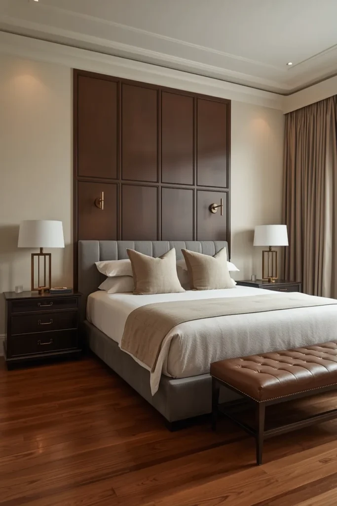 21 Bedroom Color Schemes That Make Your Room Feel Like a Boutique Hotel 15 Bedroom with espresso brown paneled accent wall, warm cream upper walls