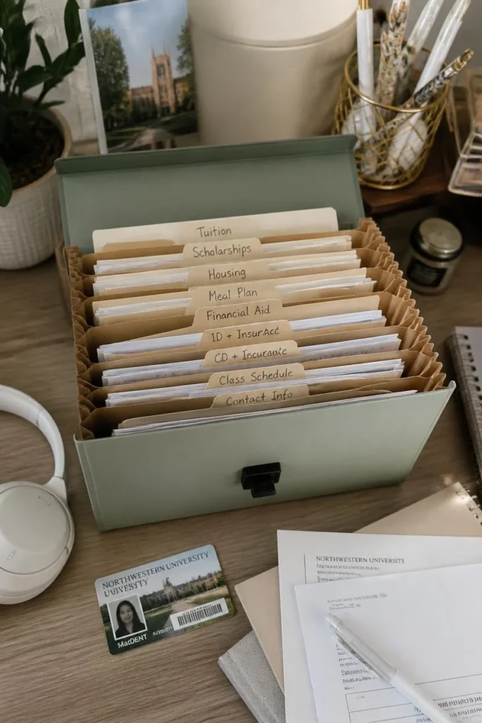  dorm room close-up, featuring an organized accordion document folder