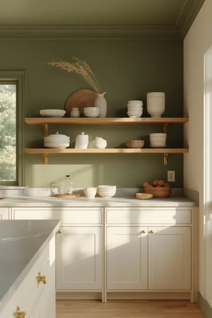  kitchen, featuring an olive green ceiling and upper wall area, cream lower cabinets, open wooden shelving