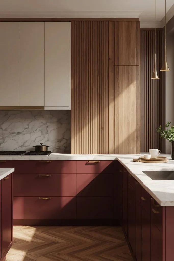 kitchen, featuring deep aubergine plum lower cabinets and matching walls, cream upper cabinets