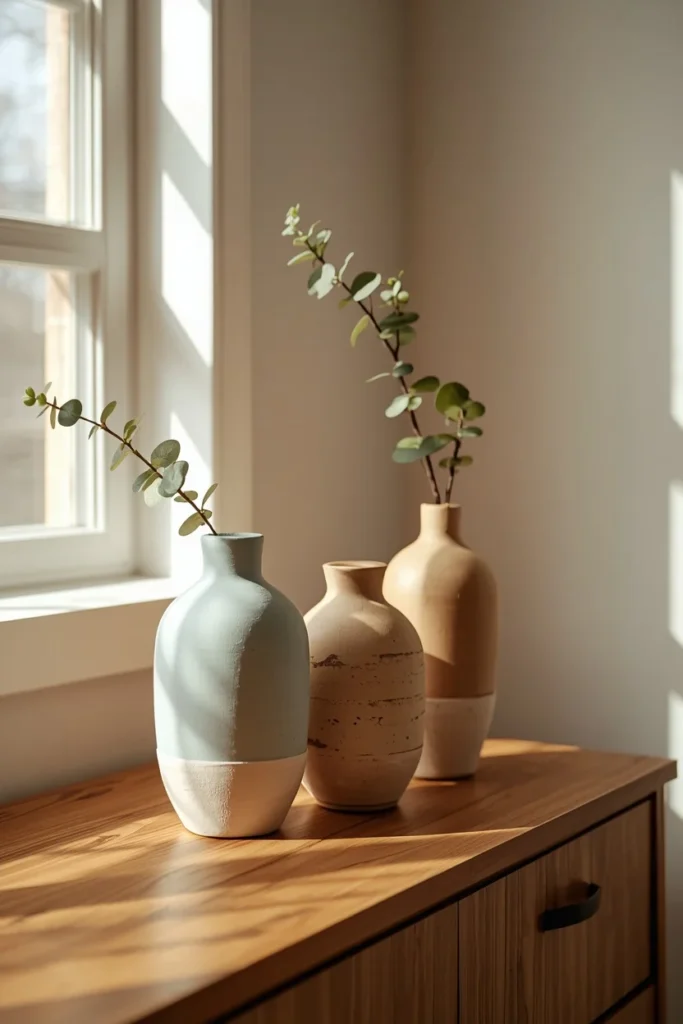  dresser styling shot, featuring three handmade ceramic vases in matte pale blue