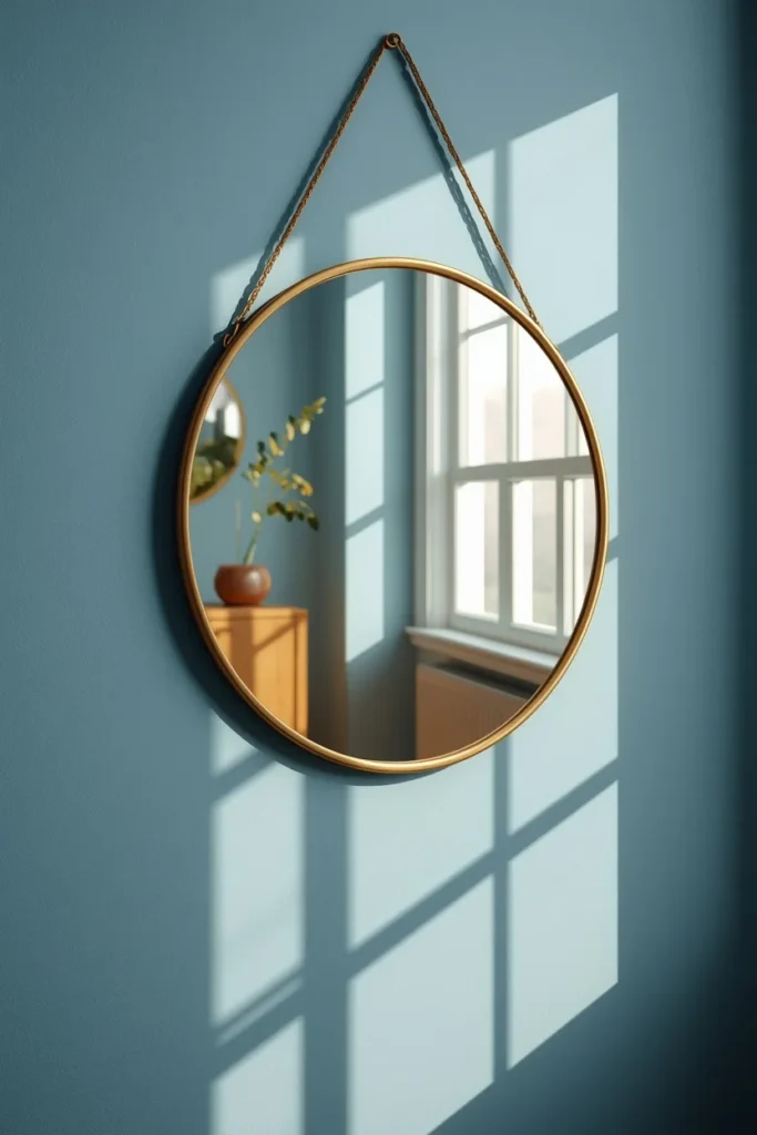 wall detail, featuring a large round mirror with a warm brass frame hanging on a glacial blue wall, 