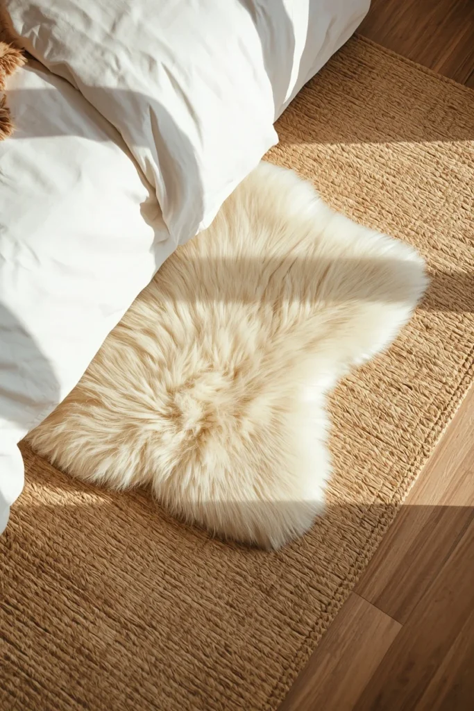 24 Cozy Bedroom Ideas That Make You Never Want to Leave Your Bed 15 bedroom floor close-up, featuring a cream faux fur accent rug