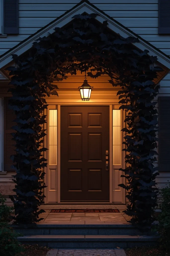 18 DIY Halloween Archway Ideas That Wow Trick-or-Treaters 15 front porch archway, featuring dense layered black bat silhouettes