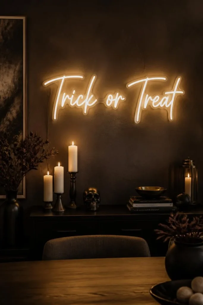 dining room wall, featuring a warm white neon script sign reading Trick or Treat