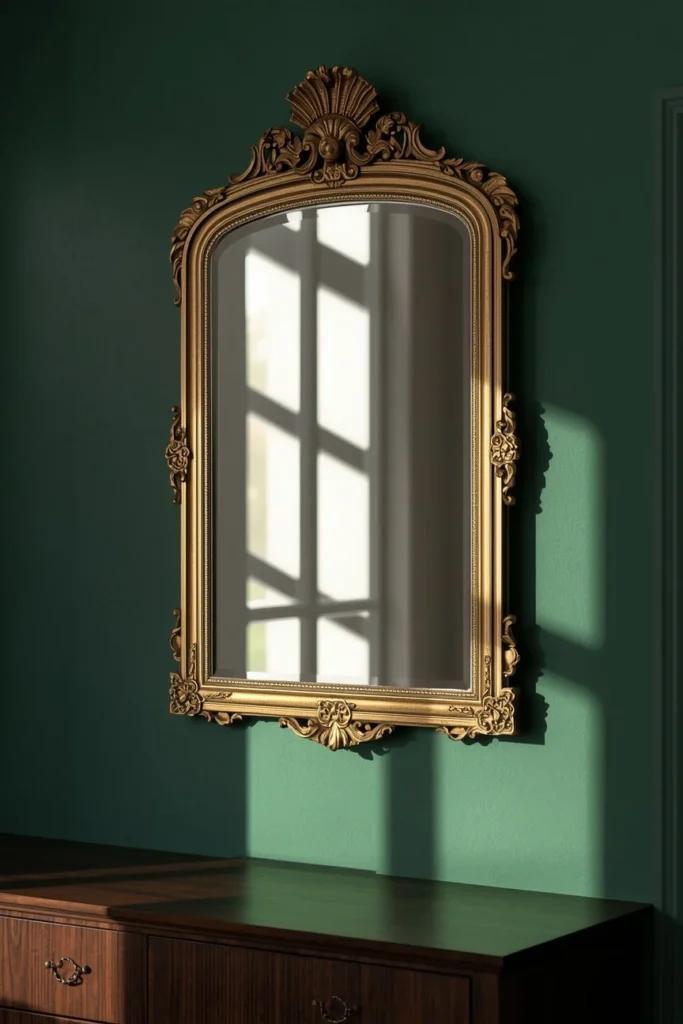 wall detail, featuring an ornate antique gold-framed mirror 