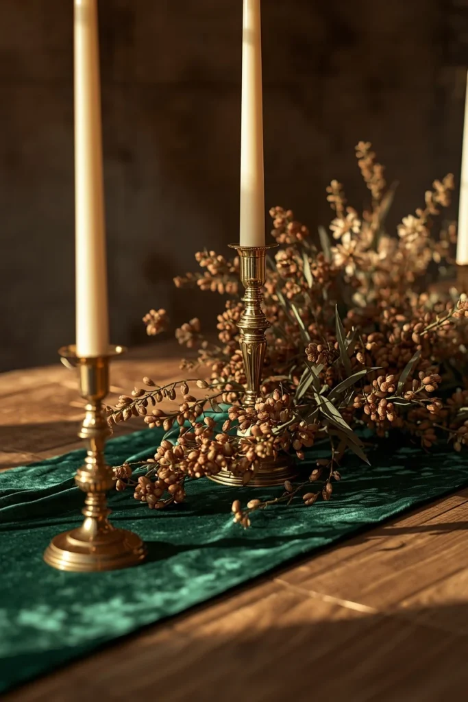 21 Fall Centerpiece Ideas That Take Minutes to Put Together (Easy + Budget-Friendly) 15 centerpiece detail, featuring a deep emerald velvet table runner with brass candlesticks