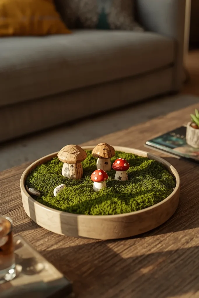 20 Fall Coffee Table Decor Ideas to Steal This Season 15 living room, featuring small ceramic and wood mushroom figurines