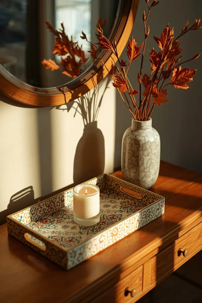 16 Fall Entry Table Decor Ideas That Wow Guests Instantly-Cozy Autumn Entryway Styling 15 entryway console table, featuring a vintage patterned tile-print tray holding a single candle