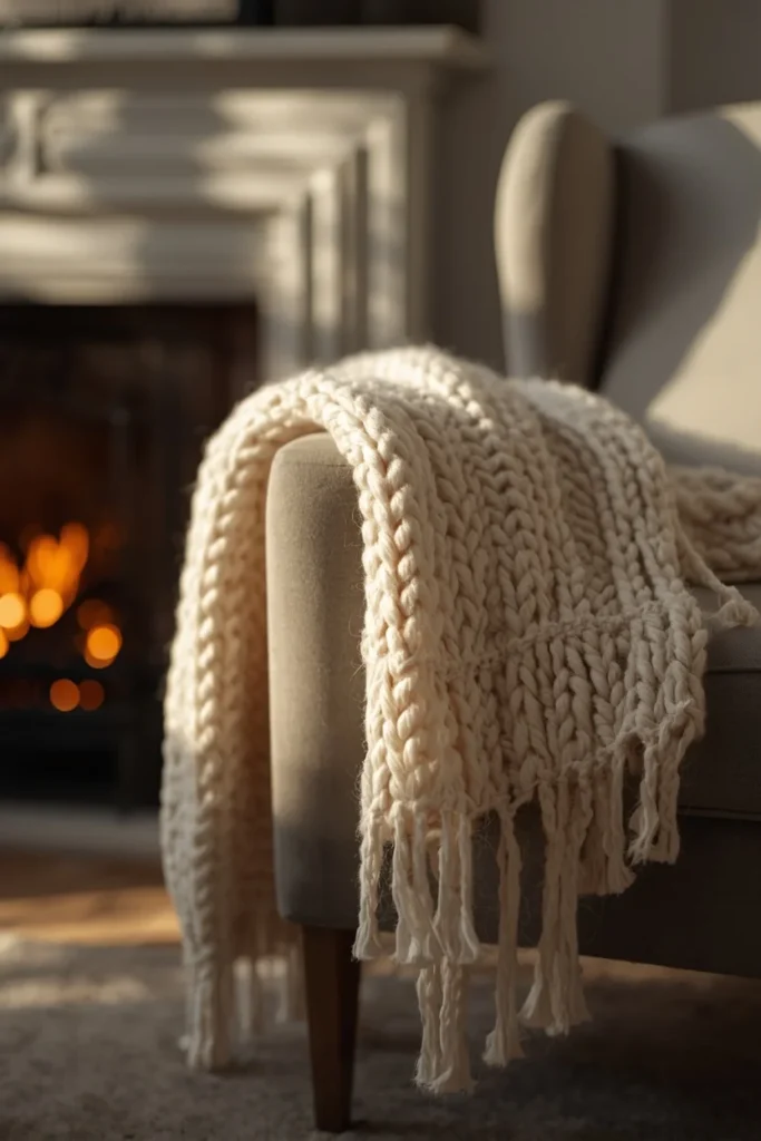 living room armchair beside a fireplace, featuring a chunky cream knit