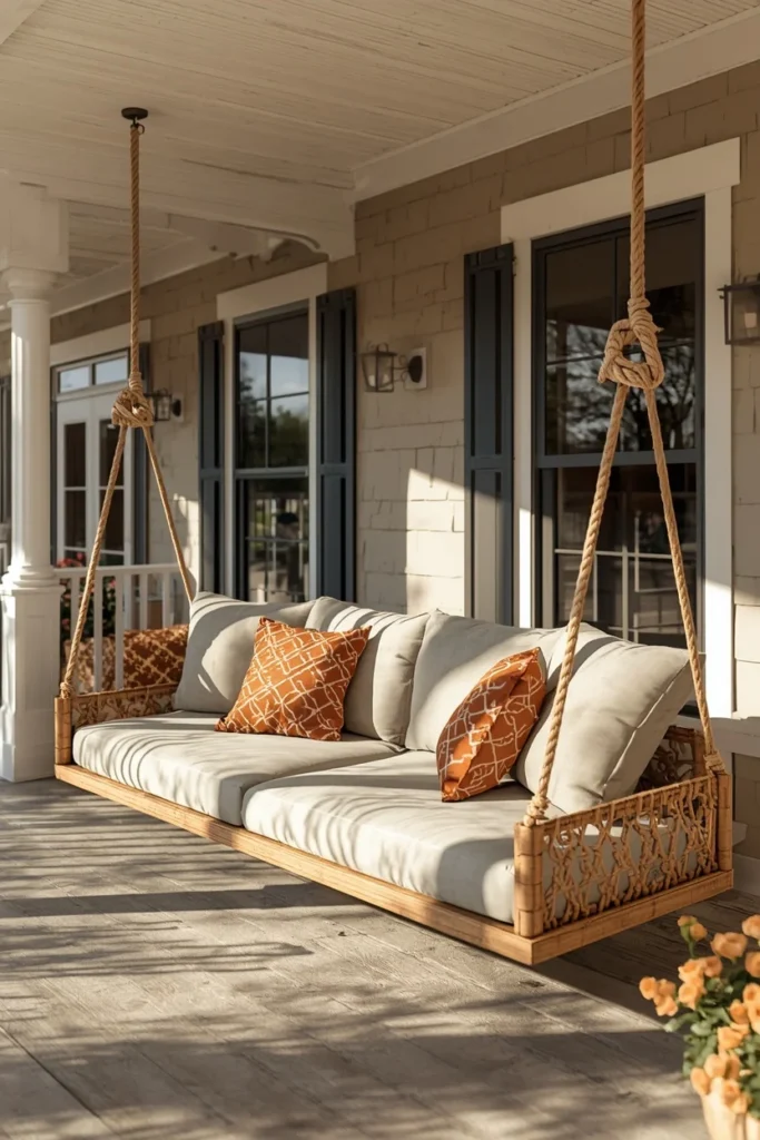  front porch, featuring a wide hanging daybed swing 