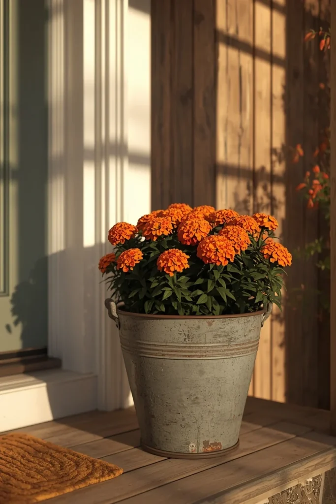 19 Fall Planter Ideas That Bring Instant Curb Appeal 15 front porch, featuring a vintage-style olive bucket planter filled with simple orange mums