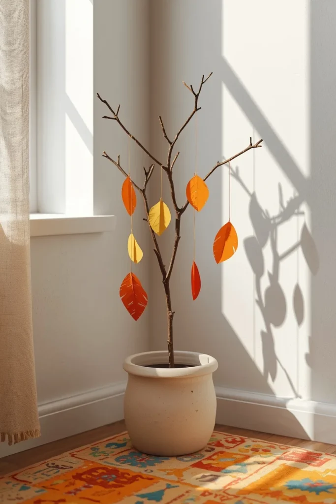 18 Fall Tree Ideas to Decorate Your Home Like a Magazine 15 playroom corner, featuring a simple bare branch tree in a plain ceramic pot,