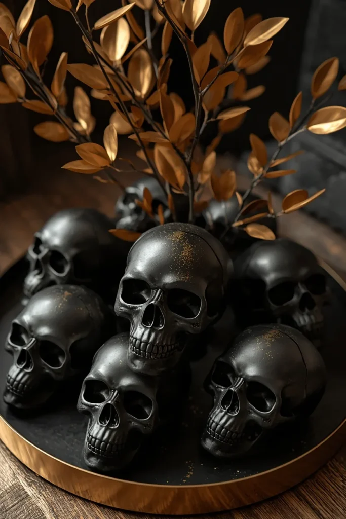 centerpiece, featuring matte black and gold decorative skulls clustered on a tray 