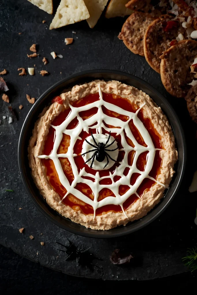 charcuterie board detail, featuring a round dip topped with a piped spiderweb pattern in sour cream