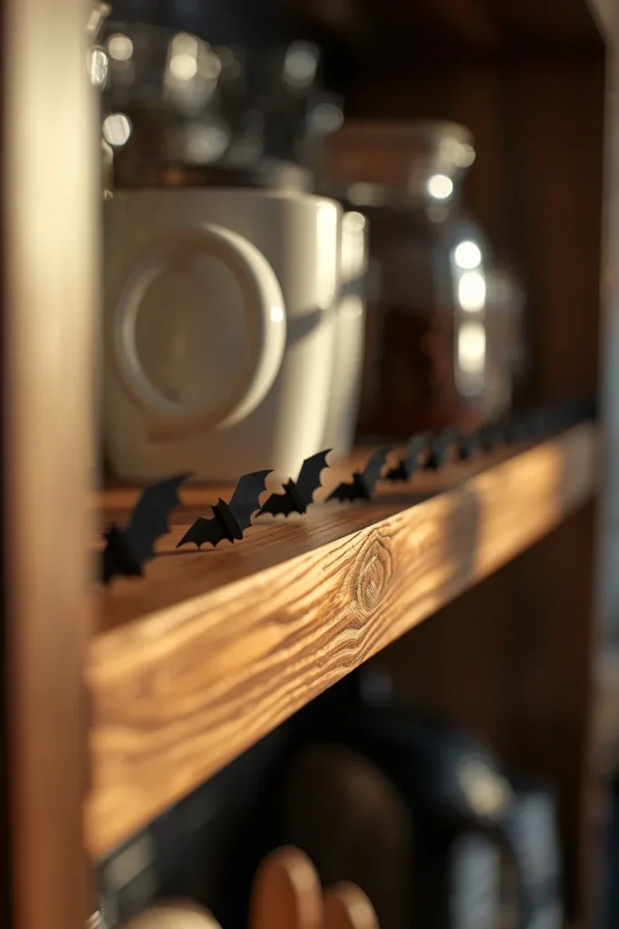  shelf edge detail shot, featuring a diagonal line of small black paper bat silhouettes 
