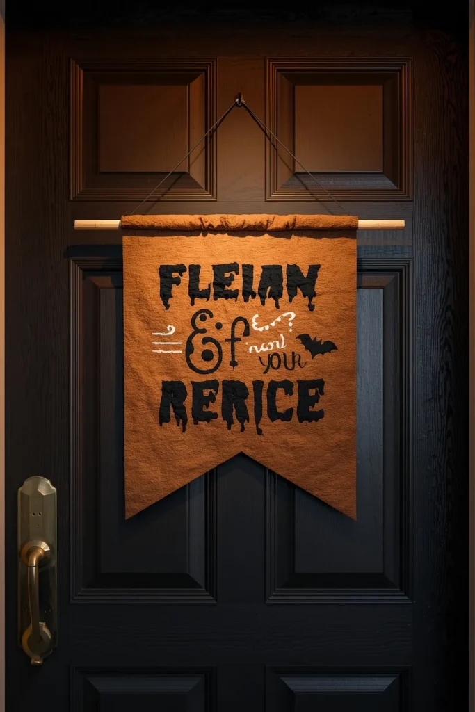  front door decorated for Halloween, featuring a no-sew felt-lettered fabric banner