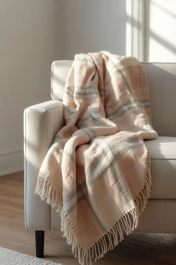 15 Pink Fall Decor Ideas for a Softer Take on Autumn 15 living room armchair, featuring a soft pink, cream, and gray plaid throw blanket draped