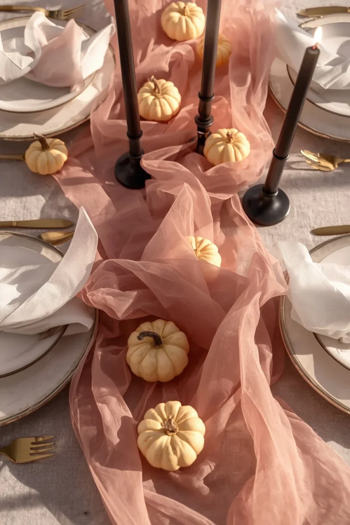 dinner table close-up, featuring sheer pink gauze fabric