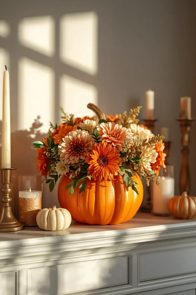 15 Pumpkin Floral Arrangement Ideas for Fall Tables That Feel Effortlessly Elegant 15 mantel display, featuring a faux orange pumpkin filled with realistic silk dahlias, mums, and greenery
